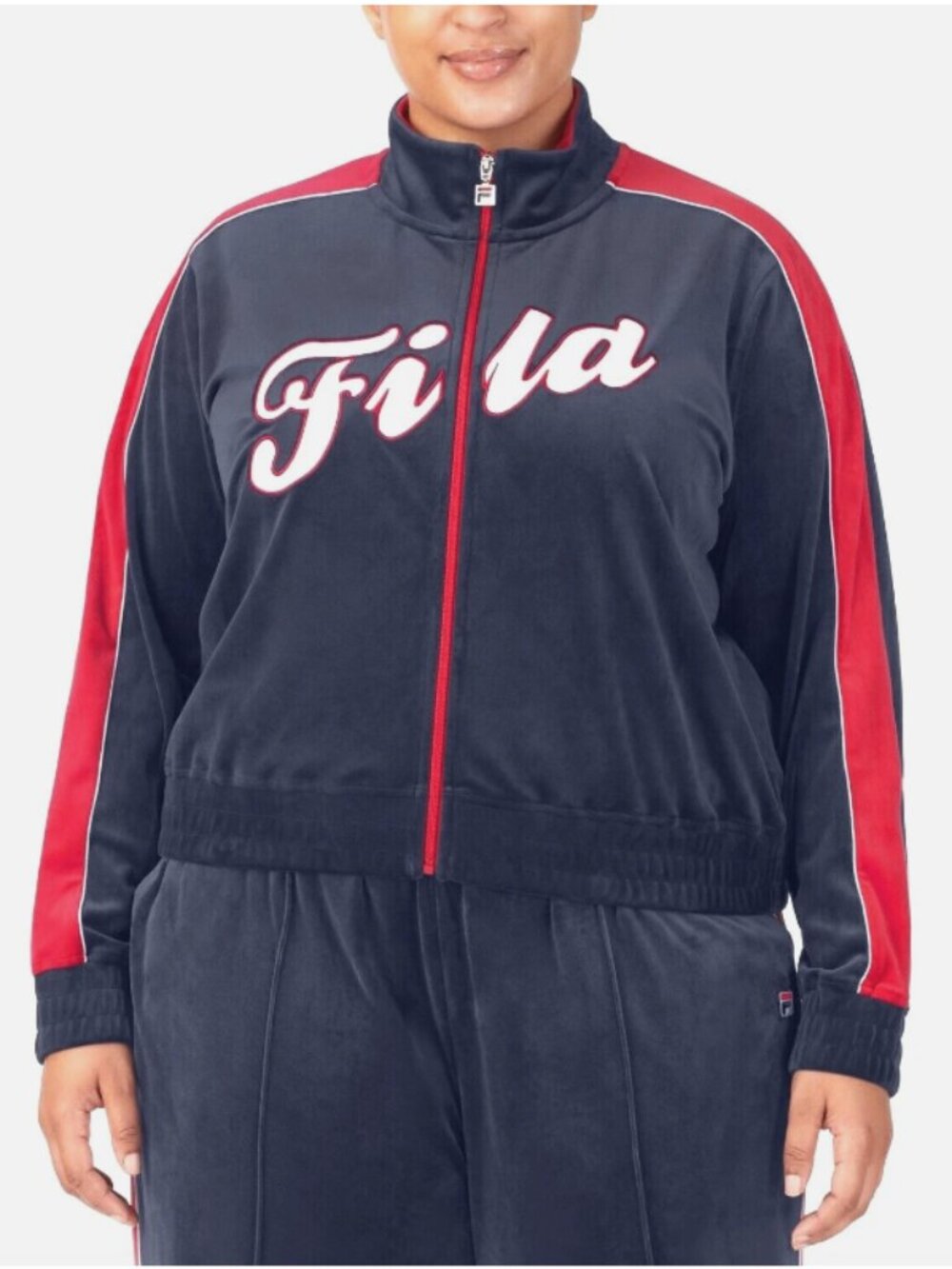 Fila Women's Velour Jacket Logo Zip Front Navy Blue/Red Plus Size 1X
